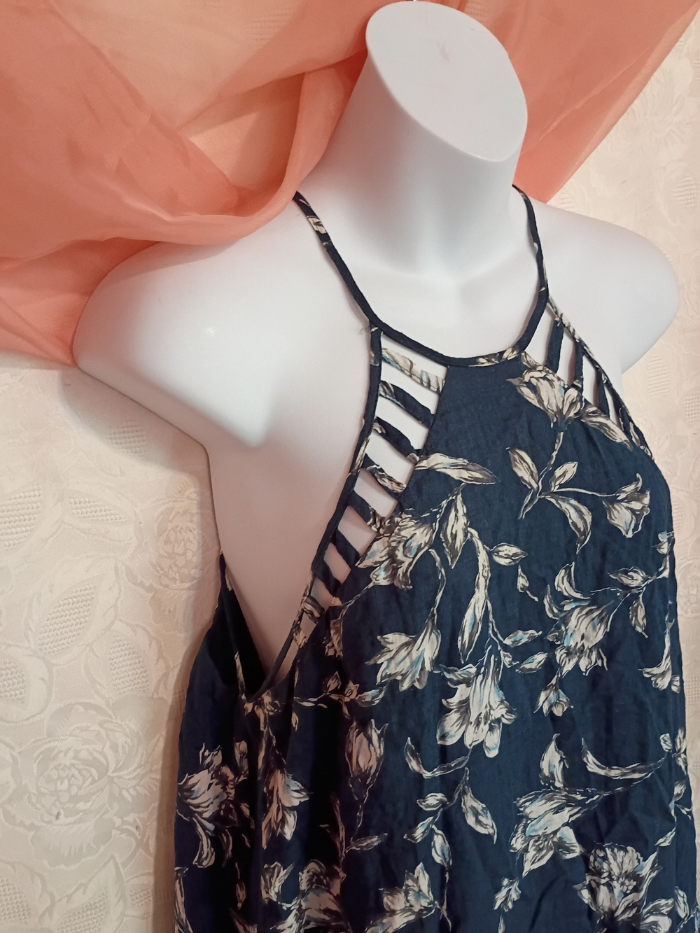 Mittoshop Ladies Navy Floral Halter Mini Dress Sz Lg - Picture 2 of 7